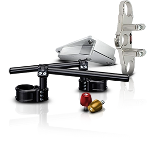 A collection of motorcycle handlebar components including black risers, a silver clamp, and bar end weights.